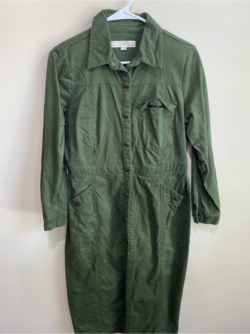 olive green Loft utility midi shirt dress